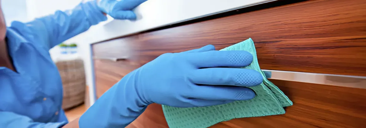 Cleaner wearing blue gloves wiping a wooden cabinet drawer with a microfiber cloth for dust and grime removal, Baltimore, MD.