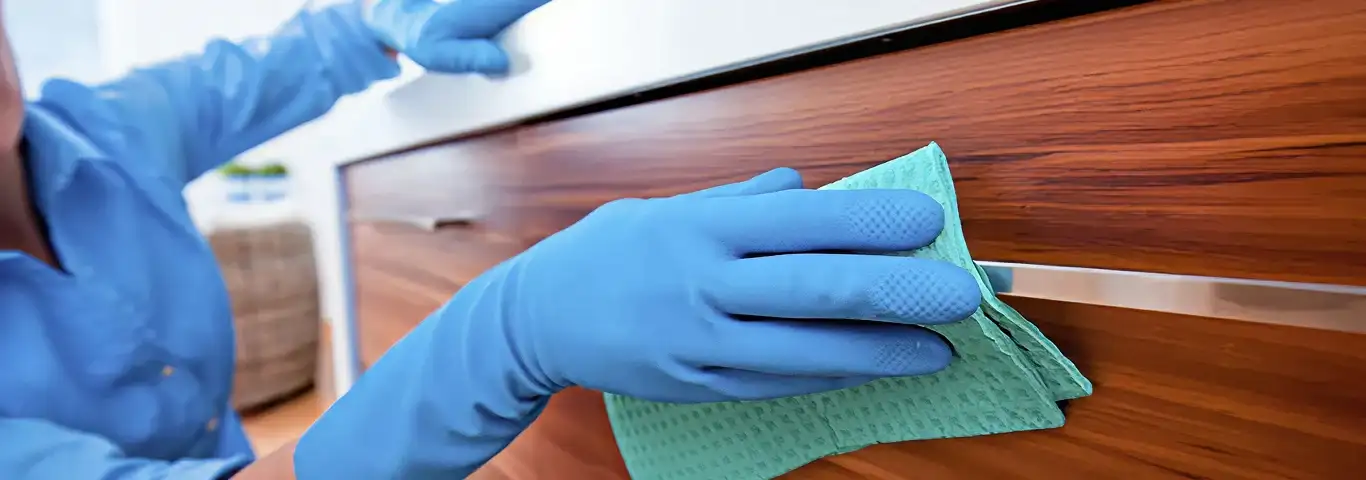 Cleaner wearing blue gloves wiping a wooden cabinet drawer with a microfiber cloth for dust and grime removal, Baltimore, MD.