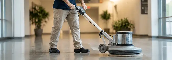 Professional technician using an industrial floor buffer to polish and maintain shiny commercial flooring in a corporate hallway in Baltimore, MD.