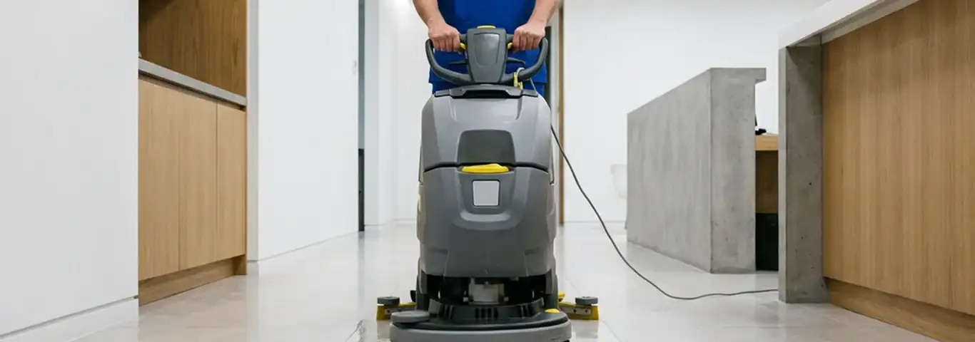 Janitorial staff using a floor scrubber machine to clean a commercial hallway, Baltimore, MD.