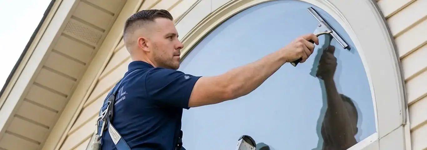Professional window cleaner using a squeegee to clean an exterior arched window on a home, Baltimore, MD.