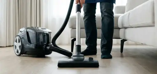 Professional house cleaner vacuuming a living room floor with a canister vacuum cleaner, Baltimore, MD.