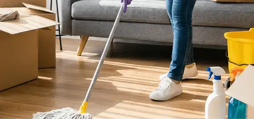Move-out cleaning setup with a cleaner mopping hardwood floors near moving boxes and cleaning supplies, Baltimore, MD.