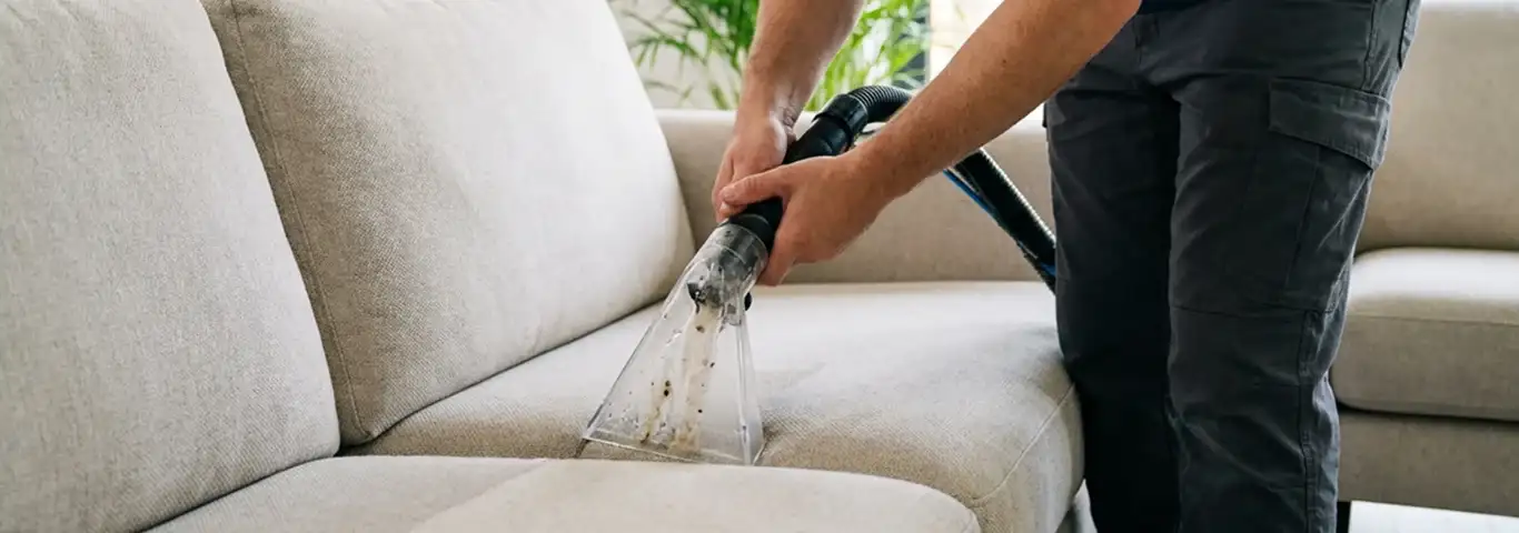Technician extracting dirt and moisture from a fabric sofa with an upholstery cleaning wand, Baltimore, MD.
