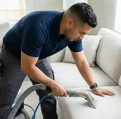 Professional upholstery cleaning technician using an extraction wand to deep-clean a fabric sofa, Baltimore, MD.
