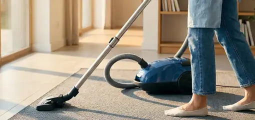 Person vacuuming a living room rug with a canister vacuum cleaner near large windows, Baltimore, MD.